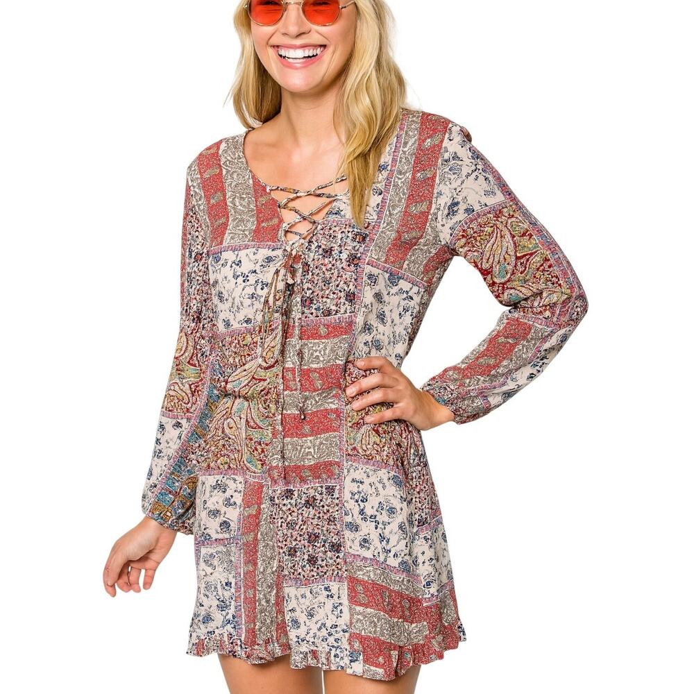 American Eagle Outfitters Plaid Long Sleeve Boho Patchwork Romper XS